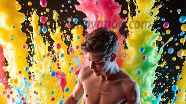 Paint Splat Fun - Hot men having fun with body paint. AI-generated abstract art featuring beautiful, handsome, sexy, shirtless, men, boys, lads, full of excitement joy and fun, covered in body paint, dynamic, interactive, Combining elements of realism with surreal abstract qualities, showcasing the potential of AI in artistic expression. Photos of guys, just smiling, happy, and having a good time. Most of them are smiling because a paint bomb just blow up next to them, so I'm calling is Abstract Art. When paint attacks and makes people happy, it's Art!