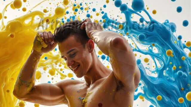 Paint Splat Fun - Hot men having fun with body paint. AI-generated abstract art featuring beautiful, handsome, sexy, shirtless, men, boys, lads, full of excitement joy and fun, covered in body paint, dynamic, interactive, Combining elements of realism with surreal abstract qualities, showcasing the potential of AI in artistic expression. Photos of guys, just smiling, happy, and having a good time. Most of them are smiling because a paint bomb just blow up next to them, so I'm calling is Abstract Art. When paint attacks and makes people happy, it's Art!