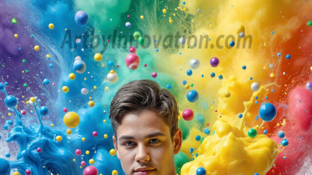 Paint Splat Fun - Hot men having fun with body paint. AI-generated abstract art featuring beautiful, handsome, sexy, shirtless, men, boys, lads, full of excitement joy and fun, covered in body paint, dynamic, interactive, Combining elements of realism with surreal abstract qualities, showcasing the potential of AI in artistic expression. Photos of guys, just smiling, happy, and having a good time. Most of them are smiling because a paint bomb just blow up next to them, so I'm calling is Abstract Art. When paint attacks and makes people happy, it's Art!