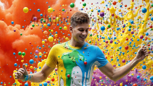 Paint Splat Fun - Hot men having fun with body paint. AI-generated abstract art featuring beautiful, handsome, sexy, shirtless, men, boys, lads, full of excitement joy and fun, covered in body paint, dynamic, interactive, Combining elements of realism with surreal abstract qualities, showcasing the potential of AI in artistic expression. Photos of guys, just smiling, happy, and having a good time. Most of them are smiling because a paint bomb just blow up next to them, so I'm calling is Abstract Art. When paint attacks and makes people happy, it's Art!