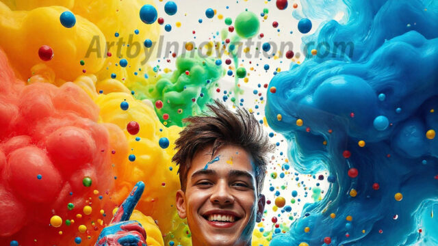 Paint Splat Fun - Hot men having fun with body paint. AI-generated abstract art featuring beautiful, handsome, sexy, shirtless, men, boys, lads, full of excitement joy and fun, covered in body paint, dynamic, interactive, Combining elements of realism with surreal abstract qualities, showcasing the potential of AI in artistic expression. Photos of guys, just smiling, happy, and having a good time. Most of them are smiling because a paint bomb just blow up next to them, so I'm calling is Abstract Art. When paint attacks and makes people happy, it's Art!
