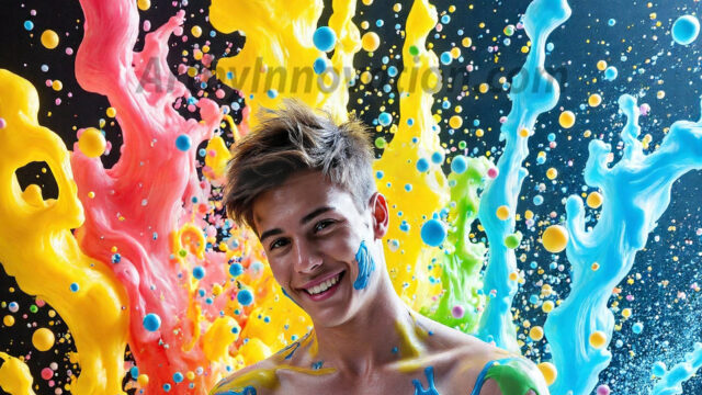 Paint Splat Fun - Hot men having fun with body paint. AI-generated abstract art featuring beautiful, handsome, sexy, shirtless, men, boys, lads, full of excitement joy and fun, covered in body paint, dynamic, interactive, Combining elements of realism with surreal abstract qualities, showcasing the potential of AI in artistic expression. Photos of guys, just smiling, happy, and having a good time. Most of them are smiling because a paint bomb just blow up next to them, so I'm calling is Abstract Art. When paint attacks and makes people happy, it's Art!