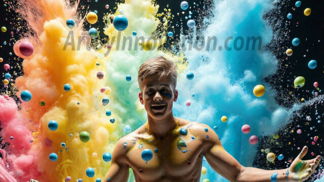 Paint Splat Fun - Hot men having fun with body paint. AI-generated abstract art featuring beautiful, handsome, sexy, shirtless, men, boys, lads, full of excitement joy and fun, covered in body paint, dynamic, interactive, Combining elements of realism with surreal abstract qualities, showcasing the potential of AI in artistic expression. Photos of guys, just smiling, happy, and having a good time. Most of them are smiling because a paint bomb just blow up next to them, so I'm calling is Abstract Art. When paint attacks and makes people happy, it's Art!