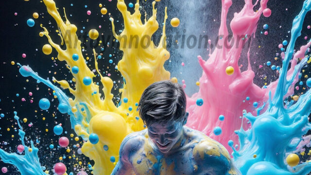 Paint Splat Fun - Hot men having fun with body paint. AI-generated abstract art featuring beautiful, handsome, sexy, shirtless, men, boys, lads, full of excitement joy and fun, covered in body paint, dynamic, interactive, Combining elements of realism with surreal abstract qualities, showcasing the potential of AI in artistic expression. Photos of guys, just smiling, happy, and having a good time. Most of them are smiling because a paint bomb just blow up next to them, so I'm calling is Abstract Art. When paint attacks and makes people happy, it's Art!