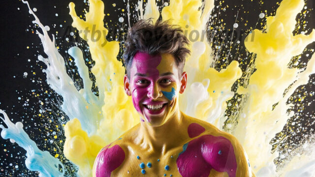 Paint Splat Fun - Hot men having fun with body paint. AI-generated abstract art featuring beautiful, handsome, sexy, shirtless, men, boys, lads, full of excitement joy and fun, covered in body paint, dynamic, interactive, Combining elements of realism with surreal abstract qualities, showcasing the potential of AI in artistic expression. Photos of guys, just smiling, happy, and having a good time. Most of them are smiling because a paint bomb just blow up next to them, so I'm calling is Abstract Art. When paint attacks and makes people happy, it's Art!