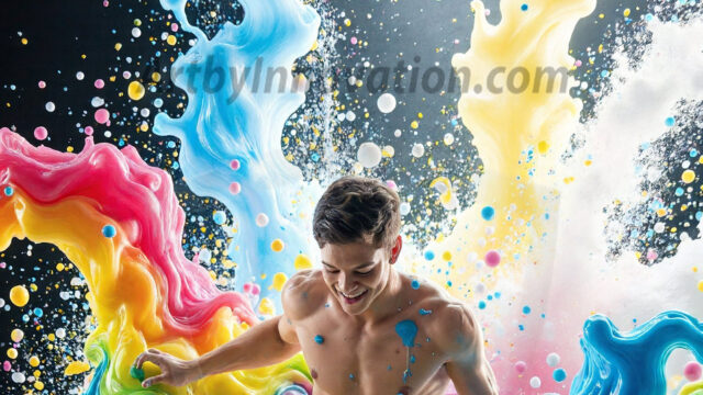 Paint Splat Fun - Hot men having fun with body paint. AI-generated abstract art featuring beautiful, handsome, sexy, shirtless, men, boys, lads, full of excitement joy and fun, covered in body paint, dynamic, interactive, Combining elements of realism with surreal abstract qualities, showcasing the potential of AI in artistic expression. Photos of guys, just smiling, happy, and having a good time. Most of them are smiling because a paint bomb just blow up next to them, so I'm calling is Abstract Art. When paint attacks and makes people happy, it's Art!