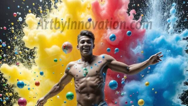 Paint Splat Fun - Hot men having fun with body paint. AI-generated abstract art featuring beautiful, handsome, sexy, shirtless, men, boys, lads, full of excitement joy and fun, covered in body paint, dynamic, interactive, Combining elements of realism with surreal abstract qualities, showcasing the potential of AI in artistic expression. Photos of guys, just smiling, happy, and having a good time. Most of them are smiling because a paint bomb just blow up next to them, so I'm calling is Abstract Art. When paint attacks and makes people happy, it's Art!