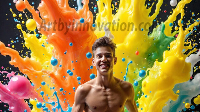 Paint Splat Fun - Hot men having fun with body paint. AI-generated abstract art featuring beautiful, handsome, sexy, shirtless, men, boys, lads, full of excitement joy and fun, covered in body paint, dynamic, interactive, Combining elements of realism with surreal abstract qualities, showcasing the potential of AI in artistic expression. Photos of guys, just smiling, happy, and having a good time. Most of them are smiling because a paint bomb just blow up next to them, so I'm calling is Abstract Art. When paint attacks and makes people happy, it's Art!