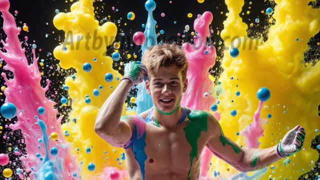 Paint Splat Fun - Hot men having fun with body paint. AI-generated abstract art featuring beautiful, handsome, sexy, shirtless, men, boys, lads, full of excitement joy and fun, covered in body paint, dynamic, interactive, Combining elements of realism with surreal abstract qualities, showcasing the potential of AI in artistic expression. Photos of guys, just smiling, happy, and having a good time. Most of them are smiling because a paint bomb just blow up next to them, so I'm calling is Abstract Art. When paint attacks and makes people happy, it's Art!