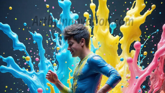 Paint Splat Fun - Hot men having fun with body paint. AI-generated abstract art featuring beautiful, handsome, sexy, shirtless, men, boys, lads, full of excitement joy and fun, covered in body paint, dynamic, interactive, Combining elements of realism with surreal abstract qualities, showcasing the potential of AI in artistic expression. Photos of guys, just smiling, happy, and having a good time. Most of them are smiling because a paint bomb just blow up next to them, so I'm calling is Abstract Art. When paint attacks and makes people happy, it's Art!