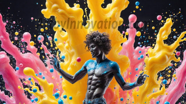 Paint Splat Fun - Hot men having fun with body paint. AI-generated abstract art featuring beautiful, handsome, sexy, shirtless, men, boys, lads, full of excitement joy and fun, covered in body paint, dynamic, interactive, Combining elements of realism with surreal abstract qualities, showcasing the potential of AI in artistic expression. Photos of guys, just smiling, happy, and having a good time. Most of them are smiling because a paint bomb just blow up next to them, so I'm calling is Abstract Art. When paint attacks and makes people happy, it's Art!