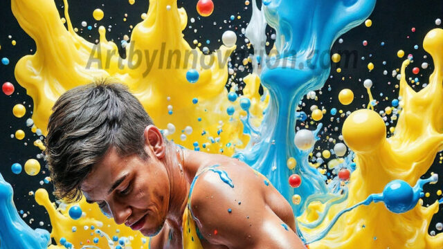 Paint Splat Fun - Hot men having fun with body paint. AI-generated abstract art featuring beautiful, handsome, sexy, shirtless, men, boys, lads, full of excitement joy and fun, covered in body paint, dynamic, interactive, Combining elements of realism with surreal abstract qualities, showcasing the potential of AI in artistic expression. Photos of guys, just smiling, happy, and having a good time. Most of them are smiling because a paint bomb just blow up next to them, so I'm calling is Abstract Art. When paint attacks and makes people happy, it's Art!