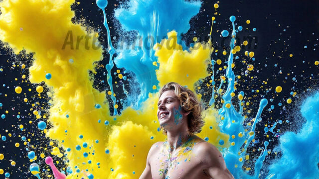 Paint Splat Fun - Hot men having fun with body paint. AI-generated abstract art featuring beautiful, handsome, sexy, shirtless, men, boys, lads, full of excitement joy and fun, covered in body paint, dynamic, interactive, Combining elements of realism with surreal abstract qualities, showcasing the potential of AI in artistic expression. Photos of guys, just smiling, happy, and having a good time. Most of them are smiling because a paint bomb just blow up next to them, so I'm calling is Abstract Art. When paint attacks and makes people happy, it's Art!