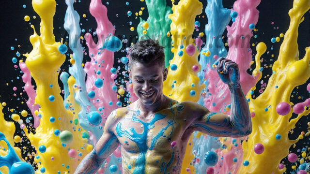 Paint Splat Fun - Hot men having fun with body paint. AI-generated abstract art featuring beautiful, handsome, sexy, shirtless, men, boys, lads, full of excitement joy and fun, covered in body paint, dynamic, interactive, Combining elements of realism with surreal abstract qualities, showcasing the potential of AI in artistic expression. Photos of guys, just smiling, happy, and having a good time. Most of them are smiling because a paint bomb just blow up next to them, so I'm calling is Abstract Art. When paint attacks and makes people happy, it's Art!