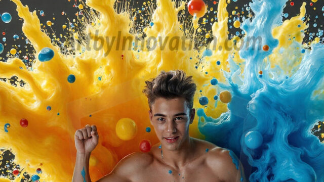 Paint Splat Fun - Hot men having fun with body paint. AI-generated abstract art featuring beautiful, handsome, sexy, shirtless, men, boys, lads, full of excitement joy and fun, covered in body paint, dynamic, interactive, Combining elements of realism with surreal abstract qualities, showcasing the potential of AI in artistic expression. Photos of guys, just smiling, happy, and having a good time. Most of them are smiling because a paint bomb just blow up next to them, so I'm calling is Abstract Art. When paint attacks and makes people happy, it's Art!