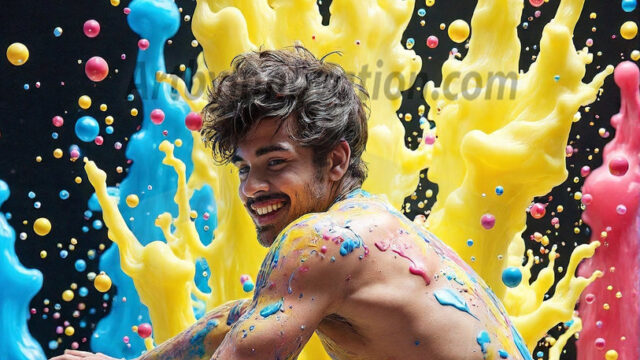Paint Splat Fun - Hot men having fun with body paint. AI-generated abstract art featuring beautiful, handsome, sexy, shirtless, men, boys, lads, full of excitement joy and fun, covered in body paint, dynamic, interactive, Combining elements of realism with surreal abstract qualities, showcasing the potential of AI in artistic expression. Photos of guys, just smiling, happy, and having a good time. Most of them are smiling because a paint bomb just blow up next to them, so I'm calling is Abstract Art. When paint attacks and makes people happy, it's Art!
