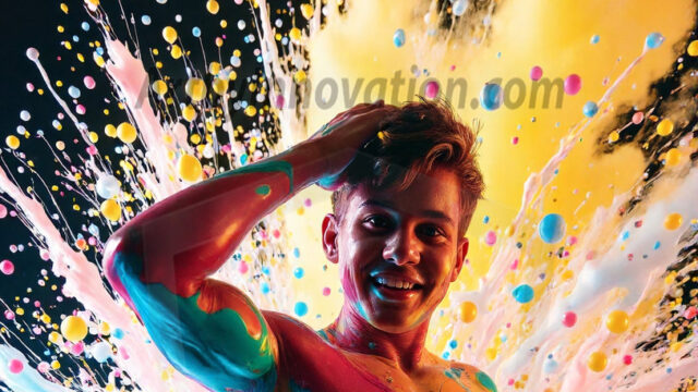 Paint Splat Fun - Hot men having fun with body paint. AI-generated abstract art featuring beautiful, handsome, sexy, shirtless, men, boys, lads, full of excitement joy and fun, covered in body paint, dynamic, interactive, Combining elements of realism with surreal abstract qualities, showcasing the potential of AI in artistic expression. Photos of guys, just smiling, happy, and having a good time. Most of them are smiling because a paint bomb just blow up next to them, so I'm calling is Abstract Art. When paint attacks and makes people happy, it's Art!