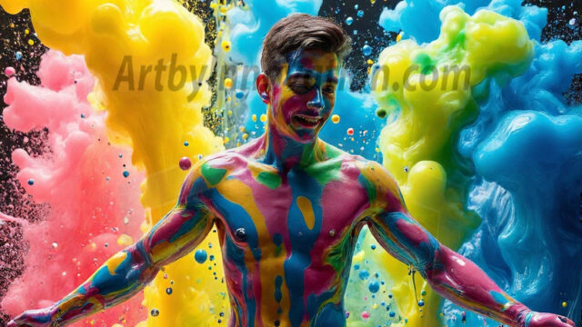Paint Splat Fun - Hot men having fun with body paint. AI-generated abstract art featuring beautiful, handsome, sexy, shirtless, men, boys, lads, full of excitement joy and fun, covered in body paint, dynamic, interactive, Combining elements of realism with surreal abstract qualities, showcasing the potential of AI in artistic expression. Photos of guys, just smiling, happy, and having a good time. Most of them are smiling because a paint bomb just blow up next to them, so I'm calling is Abstract Art. When paint attacks and makes people happy, it's Art!