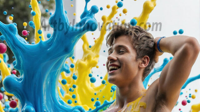 Paint Splat Fun - Hot men having fun with body paint. AI-generated abstract art featuring beautiful, handsome, sexy, shirtless, men, boys, lads, full of excitement joy and fun, covered in body paint, dynamic, interactive, Combining elements of realism with surreal abstract qualities, showcasing the potential of AI in artistic expression. Photos of guys, just smiling, happy, and having a good time. Most of them are smiling because a paint bomb just blow up next to them, so I'm calling is Abstract Art. When paint attacks and makes people happy, it's Art!