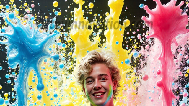 Paint Splat Fun - Hot men having fun with body paint. AI-generated abstract art featuring beautiful, handsome, sexy, shirtless, men, boys, lads, full of excitement joy and fun, covered in body paint, dynamic, interactive, Combining elements of realism with surreal abstract qualities, showcasing the potential of AI in artistic expression. Photos of guys, just smiling, happy, and having a good time. Most of them are smiling because a paint bomb just blow up next to them, so I'm calling is Abstract Art. When paint attacks and makes people happy, it's Art!