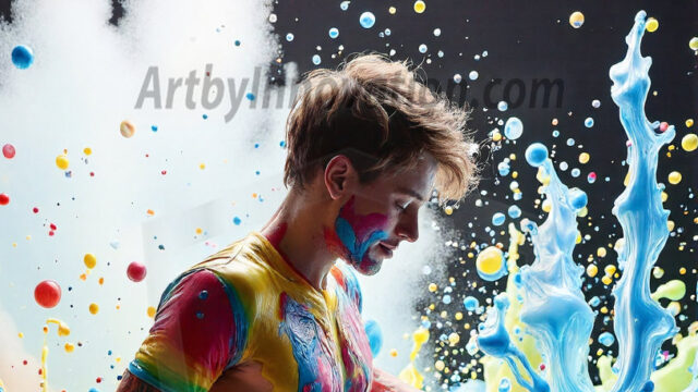 Paint Splat Fun - Hot men having fun with body paint. AI-generated abstract art featuring beautiful, handsome, sexy, shirtless, men, boys, lads, full of excitement joy and fun, covered in body paint, dynamic, interactive, Combining elements of realism with surreal abstract qualities, showcasing the potential of AI in artistic expression. Photos of guys, just smiling, happy, and having a good time. Most of them are smiling because a paint bomb just blow up next to them, so I'm calling is Abstract Art. When paint attacks and makes people happy, it's Art!