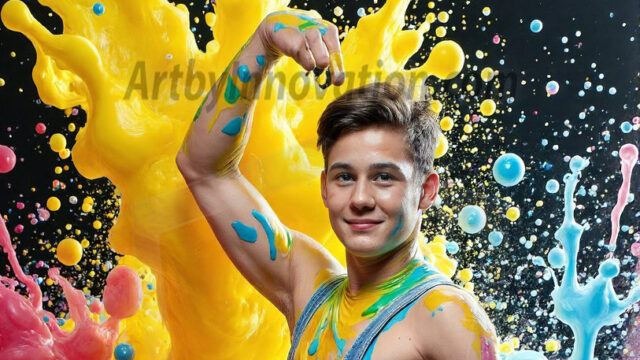 Paint Splat Fun - Hot men having fun with body paint. AI-generated abstract art featuring beautiful, handsome, sexy, shirtless, men, boys, lads, full of excitement joy and fun, covered in body paint, dynamic, interactive, Combining elements of realism with surreal abstract qualities, showcasing the potential of AI in artistic expression. Photos of guys, just smiling, happy, and having a good time. Most of them are smiling because a paint bomb just blow up next to them, so I'm calling is Abstract Art. When paint attacks and makes people happy, it's Art!