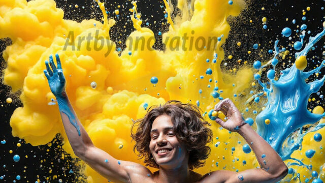Paint Splat Fun - Hot men having fun with body paint. AI-generated abstract art featuring beautiful, handsome, sexy, shirtless, men, boys, lads, full of excitement joy and fun, covered in body paint, dynamic, interactive, Combining elements of realism with surreal abstract qualities, showcasing the potential of AI in artistic expression. Photos of guys, just smiling, happy, and having a good time. Most of them are smiling because a paint bomb just blow up next to them, so I'm calling is Abstract Art. When paint attacks and makes people happy, it's Art!
