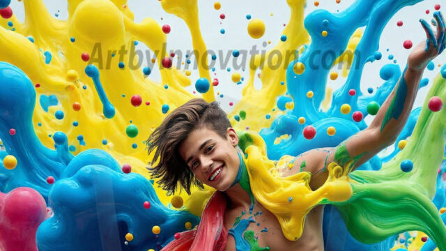 Paint Splat Fun - Hot men having fun with body paint. AI-generated abstract art featuring beautiful, handsome, sexy, shirtless, men, boys, lads, full of excitement joy and fun, covered in body paint, dynamic, interactive, Combining elements of realism with surreal abstract qualities, showcasing the potential of AI in artistic expression. Photos of guys, just smiling, happy, and having a good time. Most of them are smiling because a paint bomb just blow up next to them, so I'm calling is Abstract Art. When paint attacks and makes people happy, it's Art!