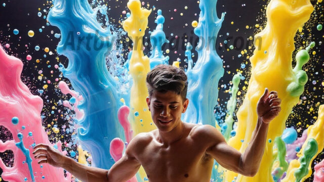 Paint Splat Fun - Hot men having fun with body paint. AI-generated abstract art featuring beautiful, handsome, sexy, shirtless, men, boys, lads, full of excitement joy and fun, covered in body paint, dynamic, interactive, Combining elements of realism with surreal abstract qualities, showcasing the potential of AI in artistic expression. Photos of guys, just smiling, happy, and having a good time. Most of them are smiling because a paint bomb just blow up next to them, so I'm calling is Abstract Art. When paint attacks and makes people happy, it's Art!
