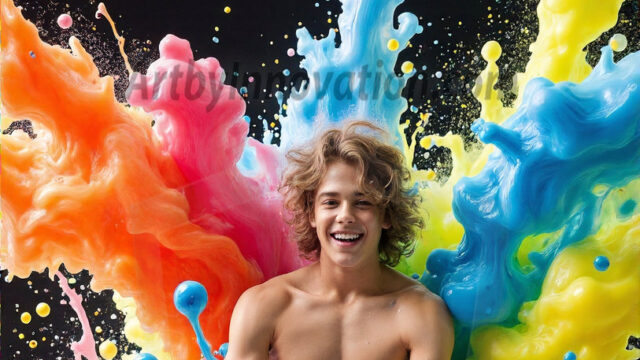 Paint Splat Fun - Hot men having fun with body paint. AI-generated abstract art featuring beautiful, handsome, sexy, shirtless, men, boys, lads, full of excitement joy and fun, covered in body paint, dynamic, interactive, Combining elements of realism with surreal abstract qualities, showcasing the potential of AI in artistic expression. Photos of guys, just smiling, happy, and having a good time. Most of them are smiling because a paint bomb just blow up next to them, so I'm calling is Abstract Art. When paint attacks and makes people happy, it's Art!
