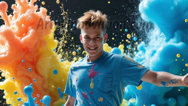 Paint Splat Fun - Hot men having fun with body paint. AI-generated abstract art featuring beautiful, handsome, sexy, shirtless, men, boys, lads, full of excitement joy and fun, covered in body paint, dynamic, interactive, Combining elements of realism with surreal abstract qualities, showcasing the potential of AI in artistic expression. Photos of guys, just smiling, happy, and having a good time. Most of them are smiling because a paint bomb just blow up next to them, so I'm calling is Abstract Art. When paint attacks and makes people happy, it's Art!