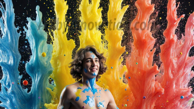 Paint Splat Fun - Hot men having fun with body paint. AI-generated abstract art featuring beautiful, handsome, sexy, shirtless, men, boys, lads, full of excitement joy and fun, covered in body paint, dynamic, interactive, Combining elements of realism with surreal abstract qualities, showcasing the potential of AI in artistic expression. Photos of guys, just smiling, happy, and having a good time. Most of them are smiling because a paint bomb just blow up next to them, so I'm calling is Abstract Art. When paint attacks and makes people happy, it's Art!