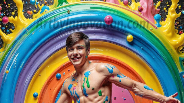 Paint Splat Fun - Hot men having fun with body paint. AI-generated abstract art featuring beautiful, handsome, sexy, shirtless, men, boys, lads, full of excitement joy and fun, covered in body paint, dynamic, interactive, Combining elements of realism with surreal abstract qualities, showcasing the potential of AI in artistic expression. Photos of guys, just smiling, happy, and having a good time. Most of them are smiling because a paint bomb just blow up next to them, so I'm calling is Abstract Art. When paint attacks and makes people happy, it's Art!