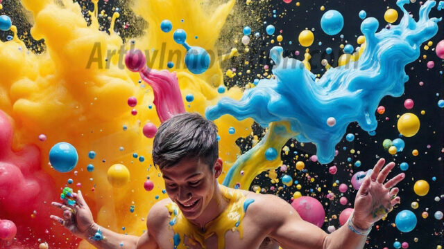 Paint Splat Fun - Hot men having fun with body paint. AI-generated abstract art featuring beautiful, handsome, sexy, shirtless, men, boys, lads, full of excitement joy and fun, covered in body paint, dynamic, interactive, Combining elements of realism with surreal abstract qualities, showcasing the potential of AI in artistic expression. Photos of guys, just smiling, happy, and having a good time. Most of them are smiling because a paint bomb just blow up next to them, so I'm calling is Abstract Art. When paint attacks and makes people happy, it's Art!