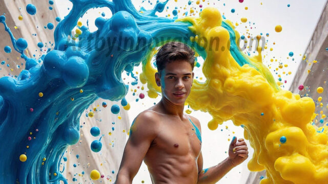 Paint Splat Fun - Hot men having fun with body paint. AI-generated abstract art featuring beautiful, handsome, sexy, shirtless, men, boys, lads, full of excitement joy and fun, covered in body paint, dynamic, interactive, Combining elements of realism with surreal abstract qualities, showcasing the potential of AI in artistic expression. Photos of guys, just smiling, happy, and having a good time. Most of them are smiling because a paint bomb just blow up next to them, so I'm calling is Abstract Art. When paint attacks and makes people happy, it's Art!