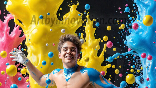 Paint Splat Fun - Hot men having fun with body paint. AI-generated abstract art featuring beautiful, handsome, sexy, shirtless, men, boys, lads, full of excitement joy and fun, covered in body paint, dynamic, interactive, Combining elements of realism with surreal abstract qualities, showcasing the potential of AI in artistic expression. Photos of guys, just smiling, happy, and having a good time. Most of them are smiling because a paint bomb just blow up next to them, so I'm calling is Abstract Art. When paint attacks and makes people happy, it's Art!