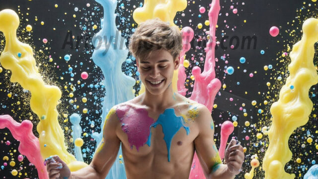 Paint Splat Fun - Hot men having fun with body paint. AI-generated abstract art featuring beautiful, handsome, sexy, shirtless, men, boys, lads, full of excitement joy and fun, covered in body paint, dynamic, interactive, Combining elements of realism with surreal abstract qualities, showcasing the potential of AI in artistic expression. Photos of guys, just smiling, happy, and having a good time. Most of them are smiling because a paint bomb just blow up next to them, so I'm calling is Abstract Art. When paint attacks and makes people happy, it's Art!