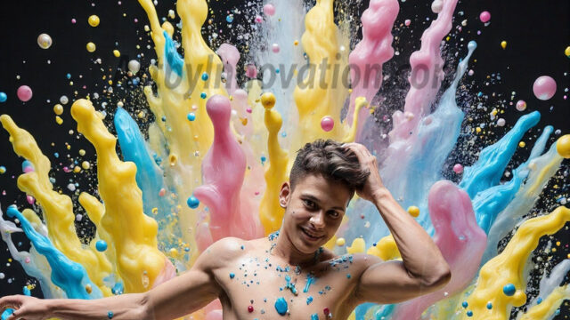 Paint Splat Fun - Hot men having fun with body paint. AI-generated abstract art featuring beautiful, handsome, sexy, shirtless, men, boys, lads, full of excitement joy and fun, covered in body paint, dynamic, interactive, Combining elements of realism with surreal abstract qualities, showcasing the potential of AI in artistic expression. Photos of guys, just smiling, happy, and having a good time. Most of them are smiling because a paint bomb just blow up next to them, so I'm calling is Abstract Art. When paint attacks and makes people happy, it's Art!