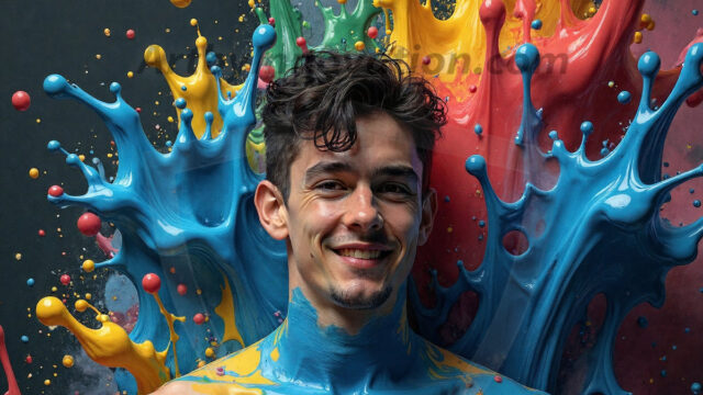 Paint Splat Fun - Hot men having fun with body paint. AI-generated abstract art featuring beautiful, handsome, sexy, shirtless, men, boys, lads, full of excitement joy and fun, covered in body paint, dynamic, interactive, Combining elements of realism with surreal abstract qualities, showcasing the potential of AI in artistic expression. Photos of guys, just smiling, happy, and having a good time. Most of them are smiling because a paint bomb just blow up next to them, so I'm calling is Abstract Art. When paint attacks and makes people happy, it's Art!