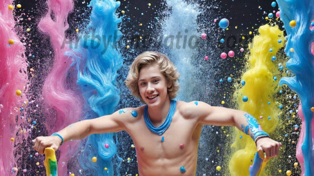 Paint Splat Fun - Hot men having fun with body paint. AI-generated abstract art featuring beautiful, handsome, sexy, shirtless, men, boys, lads, full of excitement joy and fun, covered in body paint, dynamic, interactive, Combining elements of realism with surreal abstract qualities, showcasing the potential of AI in artistic expression. Photos of guys, just smiling, happy, and having a good time. Most of them are smiling because a paint bomb just blow up next to them, so I'm calling is Abstract Art. When paint attacks and makes people happy, it's Art!