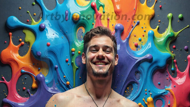 Paint Splat Fun - Hot men having fun with body paint. AI-generated abstract art featuring beautiful, handsome, sexy, shirtless, men, boys, lads, full of excitement joy and fun, covered in body paint, dynamic, interactive, Combining elements of realism with surreal abstract qualities, showcasing the potential of AI in artistic expression. Photos of guys, just smiling, happy, and having a good time. Most of them are smiling because a paint bomb just blow up next to them, so I'm calling is Abstract Art. When paint attacks and makes people happy, it's Art!