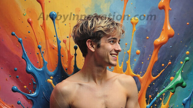 Paint Splat Fun - Hot men having fun with body paint. AI-generated abstract art featuring beautiful, handsome, sexy, shirtless, men, boys, lads, full of excitement joy and fun, covered in body paint, dynamic, interactive, Combining elements of realism with surreal abstract qualities, showcasing the potential of AI in artistic expression. Photos of guys, just smiling, happy, and having a good time. Most of them are smiling because a paint bomb just blow up next to them, so I'm calling is Abstract Art. When paint attacks and makes people happy, it's Art!
