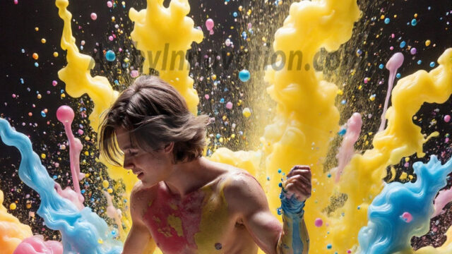 Paint Splat Fun - Hot men having fun with body paint. AI-generated abstract art featuring beautiful, handsome, sexy, shirtless, men, boys, lads, full of excitement joy and fun, covered in body paint, dynamic, interactive, Combining elements of realism with surreal abstract qualities, showcasing the potential of AI in artistic expression. Photos of guys, just smiling, happy, and having a good time. Most of them are smiling because a paint bomb just blow up next to them, so I'm calling is Abstract Art. When paint attacks and makes people happy, it's Art!