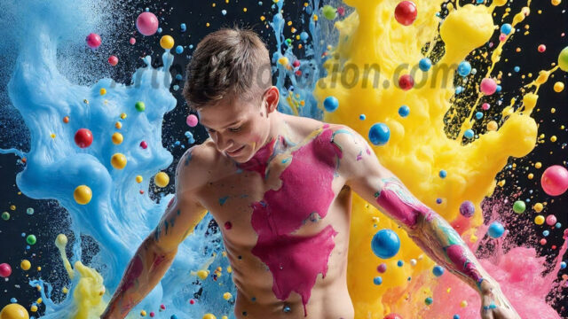 Paint Splat Fun - Hot men having fun with body paint. AI-generated abstract art featuring beautiful, handsome, sexy, shirtless, men, boys, lads, full of excitement joy and fun, covered in body paint, dynamic, interactive, Combining elements of realism with surreal abstract qualities, showcasing the potential of AI in artistic expression. Photos of guys, just smiling, happy, and having a good time. Most of them are smiling because a paint bomb just blow up next to them, so I'm calling is Abstract Art. When paint attacks and makes people happy, it's Art!