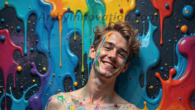 Paint Splat Fun - Hot men having fun with body paint. AI-generated abstract art featuring beautiful, handsome, sexy, shirtless, men, boys, lads, full of excitement joy and fun, covered in body paint, dynamic, interactive, Combining elements of realism with surreal abstract qualities, showcasing the potential of AI in artistic expression. Photos of guys, just smiling, happy, and having a good time. Most of them are smiling because a paint bomb just blow up next to them, so I'm calling is Abstract Art. When paint attacks and makes people happy, it's Art!