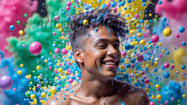 Paint Splat Fun - Hot men having fun with body paint. AI-generated abstract art featuring beautiful, handsome, sexy, shirtless, men, boys, lads, full of excitement joy and fun, covered in body paint, dynamic, interactive, Combining elements of realism with surreal abstract qualities, showcasing the potential of AI in artistic expression. Photos of guys, just smiling, happy, and having a good time. Most of them are smiling because a paint bomb just blow up next to them, so I'm calling is Abstract Art. When paint attacks and makes people happy, it's Art!