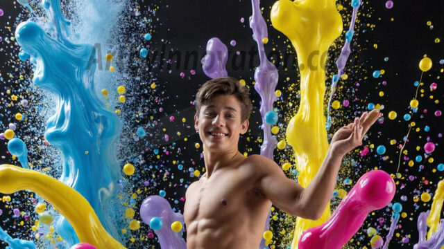 Paint Splat Fun - Hot men having fun with body paint. AI-generated abstract art featuring beautiful, handsome, sexy, shirtless, men, boys, lads, full of excitement joy and fun, covered in body paint, dynamic, interactive, Combining elements of realism with surreal abstract qualities, showcasing the potential of AI in artistic expression. Photos of guys, just smiling, happy, and having a good time. Most of them are smiling because a paint bomb just blow up next to them, so I'm calling is Abstract Art. When paint attacks and makes people happy, it's Art!