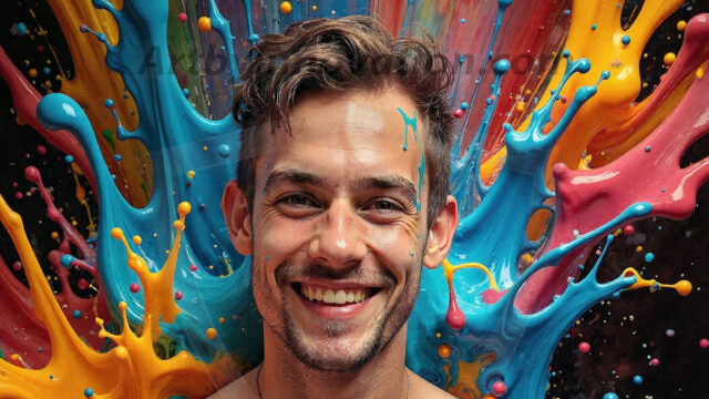 Paint Splat Fun - Hot men having fun with body paint. AI-generated abstract art featuring beautiful, handsome, sexy, shirtless, men, boys, lads, full of excitement joy and fun, covered in body paint, dynamic, interactive, Combining elements of realism with surreal abstract qualities, showcasing the potential of AI in artistic expression. Photos of guys, just smiling, happy, and having a good time. Most of them are smiling because a paint bomb just blow up next to them, so I'm calling is Abstract Art. When paint attacks and makes people happy, it's Art!
