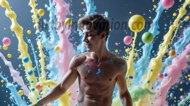 Paint Splat Fun - Hot men having fun with body paint. AI-generated abstract art featuring beautiful, handsome, sexy, shirtless, men, boys, lads, full of excitement joy and fun, covered in body paint, dynamic, interactive, Combining elements of realism with surreal abstract qualities, showcasing the potential of AI in artistic expression. Photos of guys, just smiling, happy, and having a good time. Most of them are smiling because a paint bomb just blow up next to them, so I'm calling is Abstract Art. When paint attacks and makes people happy, it's Art!