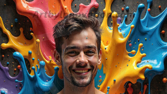 Paint Splat Fun - Hot men having fun with body paint. AI-generated abstract art featuring beautiful, handsome, sexy, shirtless, men, boys, lads, full of excitement joy and fun, covered in body paint, dynamic, interactive, Combining elements of realism with surreal abstract qualities, showcasing the potential of AI in artistic expression. Photos of guys, just smiling, happy, and having a good time. Most of them are smiling because a paint bomb just blow up next to them, so I'm calling is Abstract Art. When paint attacks and makes people happy, it's Art!